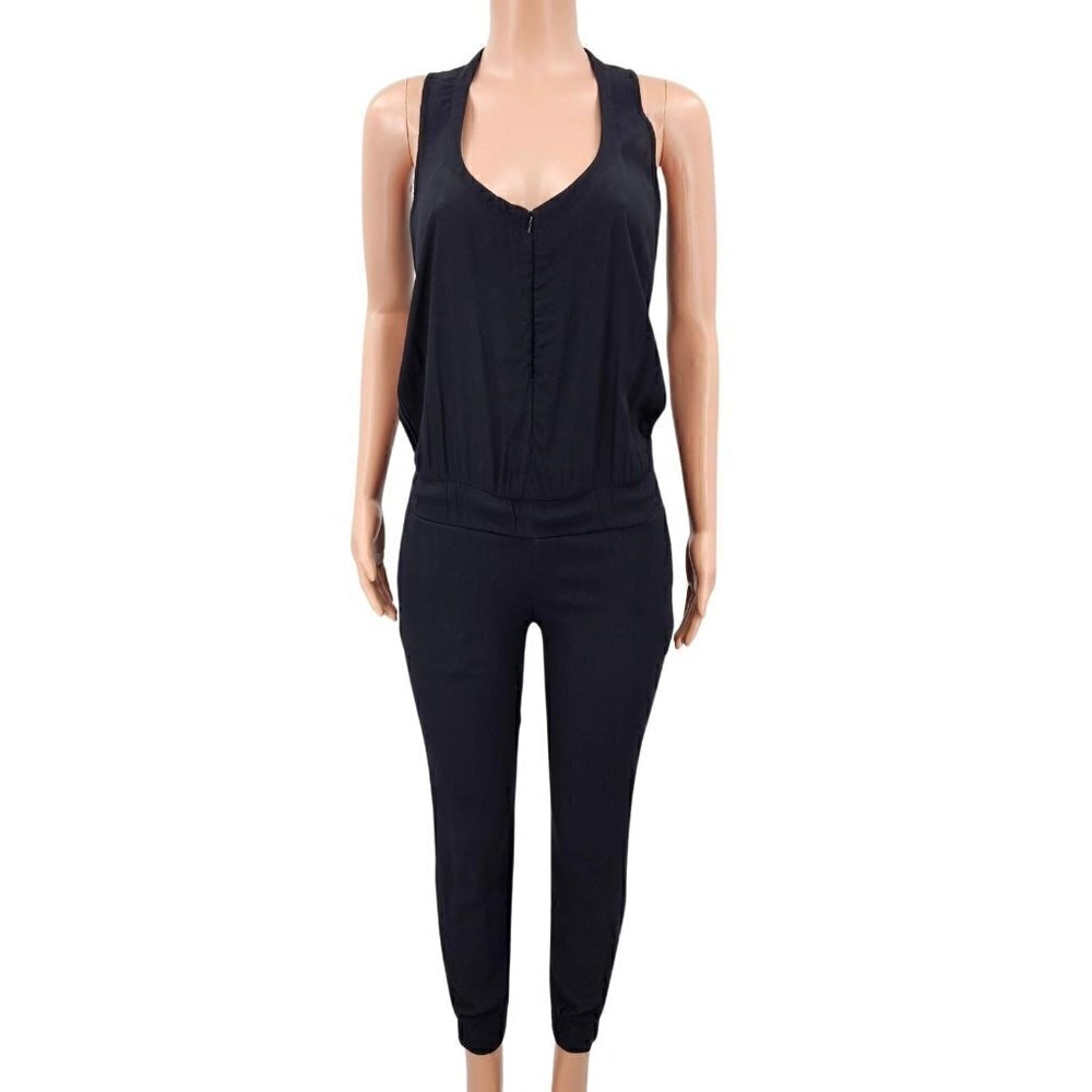Monrow Crepe Jumpsuit Black Women’s Size XS Zip Front Slim Fit Party Night Out